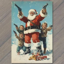 Art Print Santa Claus Kids with Guns in the Snow Holiday Cheer Strange Unusual