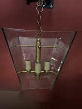 Lampadario 4 luci Fontana Arte, design italiano anni 50 vetro e ottone 