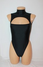 Women Leotard 204-16 High Collar Open Chest Open Back Black Spandex Size L