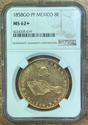 1858 GO PF Mexico Gold 8 Escudos NGC MS-62+, Only 1 Coin Graded Higher @ MS-63 - Picture 1 of 4