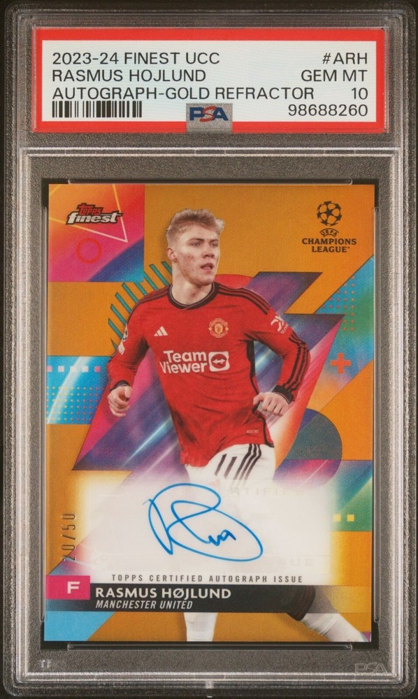 2023-24 Topps Finest UEFA Rasmus Hojlund Gold Refractor Auto #/50 PSA 10 Man U