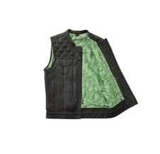 Men's Leather Black Vest Green Paisley Lining  Stitching Concealed Waistcoat