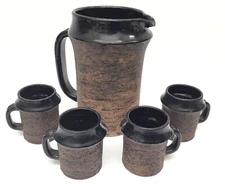 Laholm Sweden Sgraffito Pottery Pitcher Cups 5 pc Set Vintage MCM