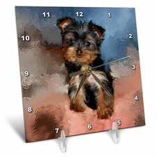 3drose Toy Yorkie Puppy Desk Clock, 6 by 6-Inch 6x6 Desk Clock
