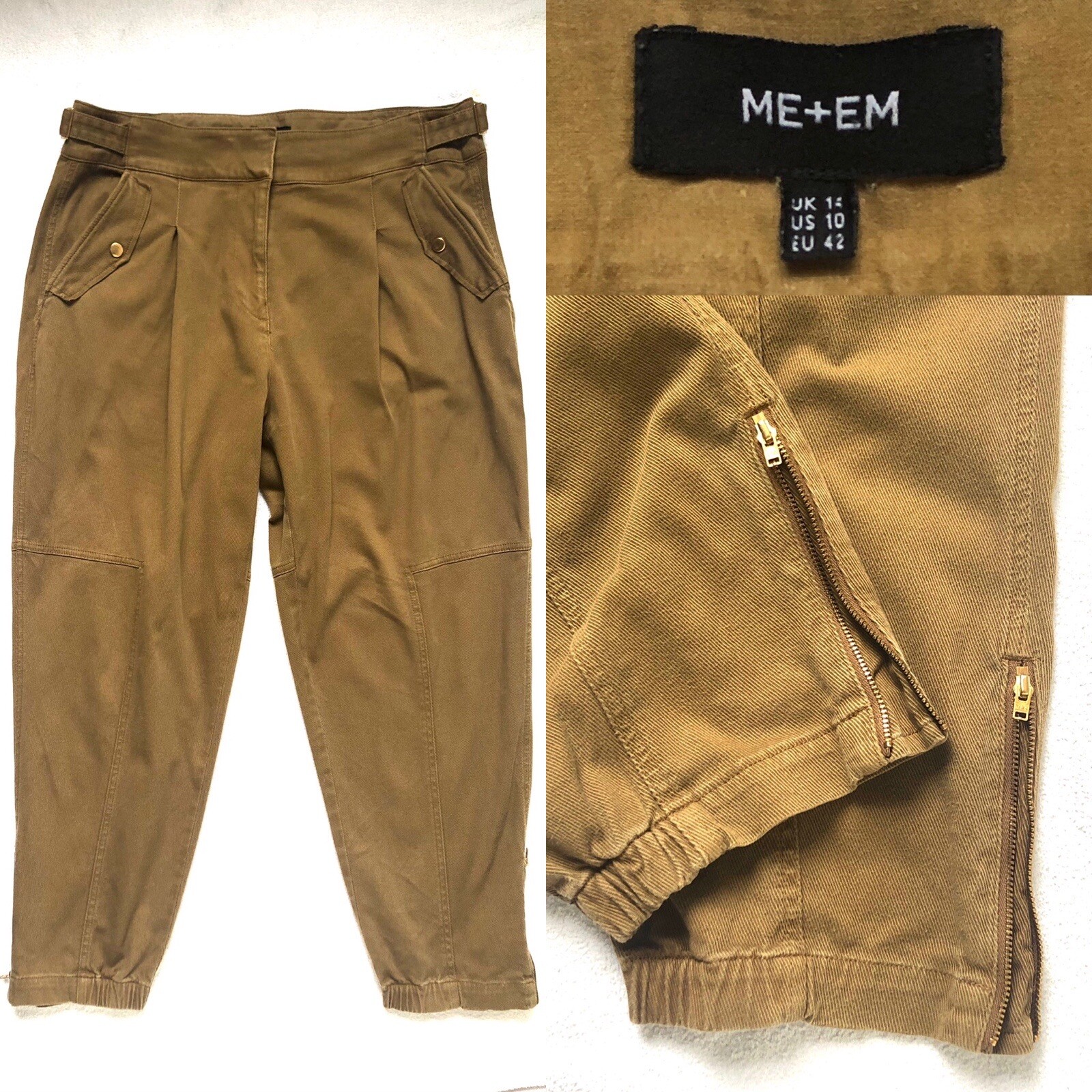 Me + Em Trousers Khaki Cotton Twill Tapered Pleat Front Cargo Pants UK 14 US