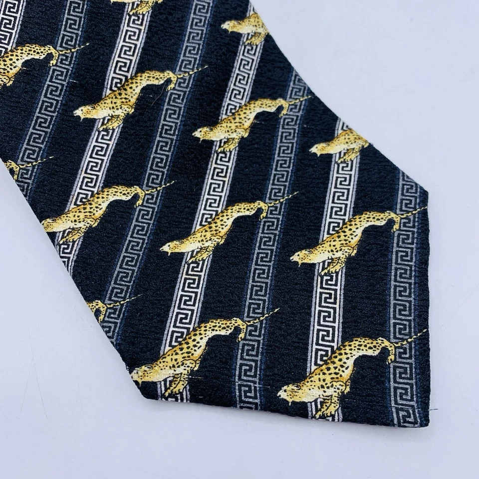 GIANNI VERSACE Silk Tie Cheetah with Slant Stripes Black Grey Gold 57L x 3.5W - Image 2 of 4