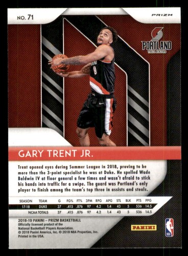 Gary Trent Jr. 2018-19 Panini Prizm #71 Prizms Green RC Portland Trail Blazers - Picture 2 of 2