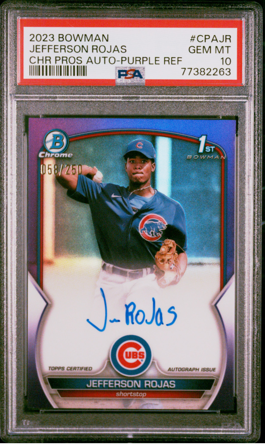 2023 Bowman Chrome Jefferson Rojas 1st Auto Purple Refractor /250 PSA 10 CPA-JR