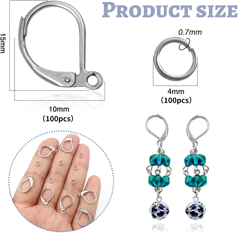 200 piezas ganchos para pendientes franceses de acero inoxidable plateados colgantes 10 Foto 2 de 4