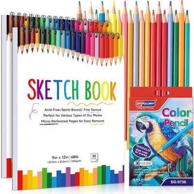 2 Pack Sketch Book with 36 Color Pencil Set, Spiral Kids Sketchbook for Drawing