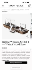 Simon Pearce Handmade Whiskey Glass Walnut Wood Base w/4 Rolling Tumbler Glasses