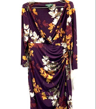 NWT134 RALPH LAUREN FALL SURPLICE RUCHED MAROON FLORAL DRESS SZ 14 STUNNER