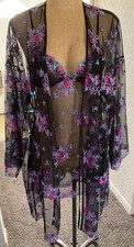 Victoria Secret Robe  Gown Set M/L Robe S Chemise Black Multi Floral Embroide