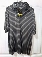 NEW-Under Armour Polo Mens XL Black Gray Striped HeatGear Playoff Golf Loose