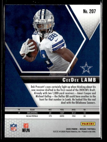 CeeDee Lamb RC - 2020 Panini Mosaic Rookie #207 Dallas Cowboys - Picture 2 of 2