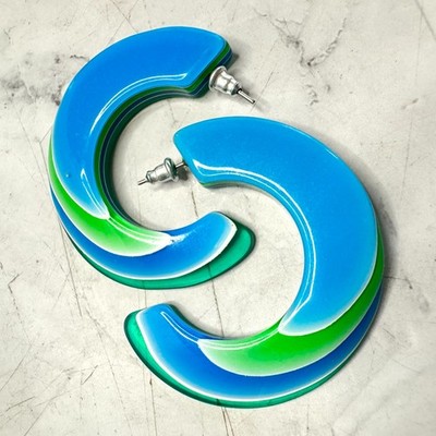 Vintage Lea Stein Earrings Layered Lucite Blue Green Hoops Mod Pop Paris 2''