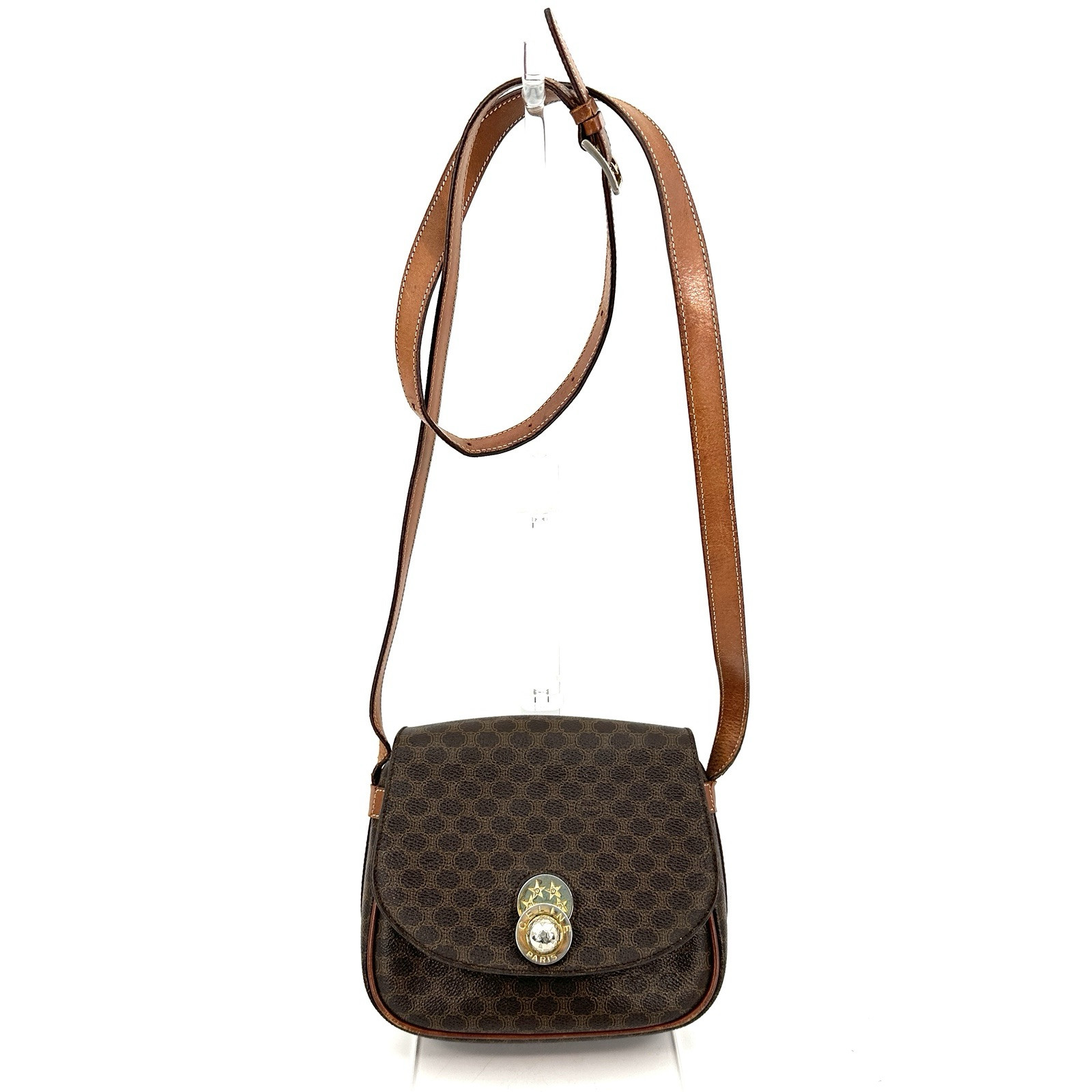 CELINE Authentic Macadam Leather Shoulder Bag Black  