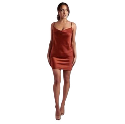 Meshki Tabitha Orange Red Satin Slip Cowl Neck Mini Dress Xs