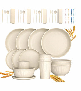 Kids 4 Place Setting Speckled Beige Plastic Dinner Set Plates Bowls Cups Forks