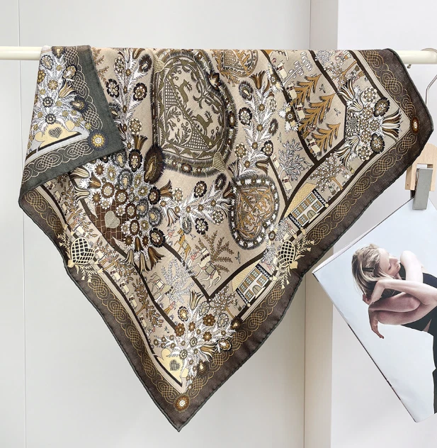 70% Cashmere 30% Silk Bandanna Shawl 26'' Scarf totem Print Neckerchief Wrap