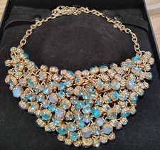 Vintage Runway 1950s Multicolor Blue Rhinestone Goldtone Bib Necklace GORGEOUS 
