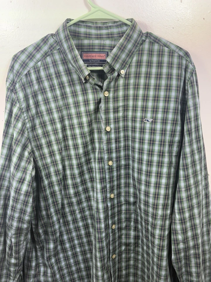 Vineyard Vines Collegiate Shirt Green Plaid Cotton Button Up Men's SZ L - Image 2 of 4