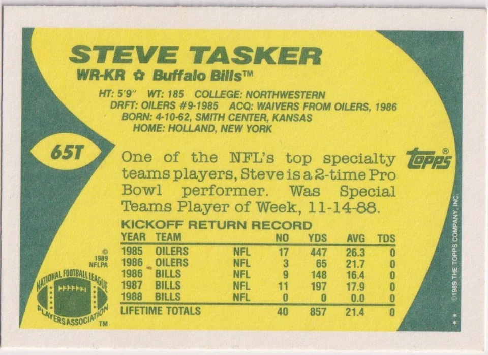 1989 Topps Traded NFL #65T Steve Tasker RC Bills - Image 2 of 2