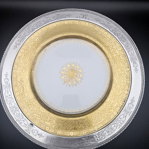 1912 Shreve & Co Sterling Rim 12" Plate Mintons Gold Enamel Anniversary