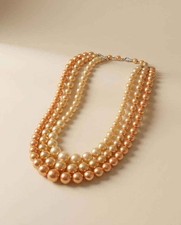 Vintage Triple Strand Faux Pearl Necklace Champagne Peach Pearl