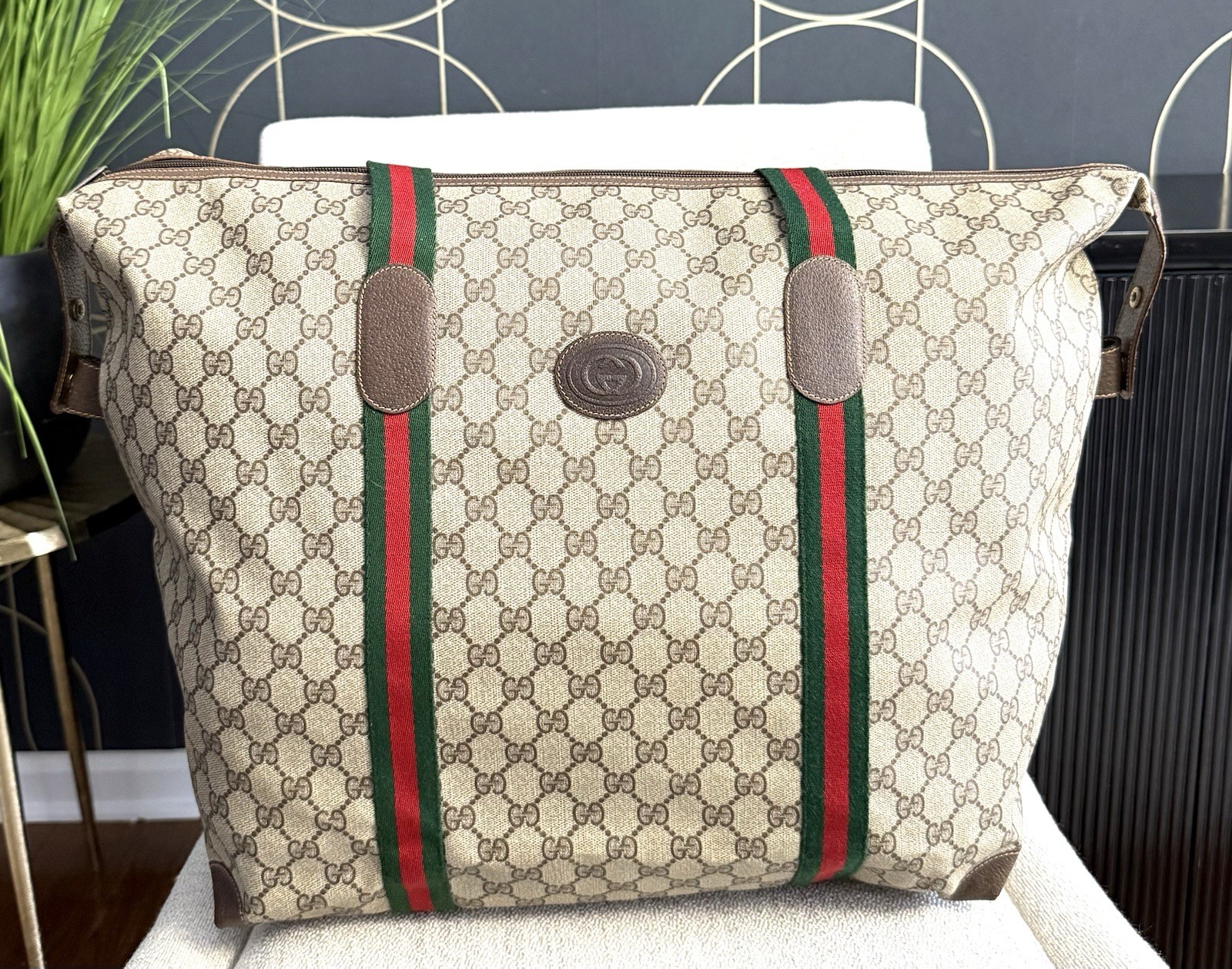 GUCCI Authentic Large Tote Bag Travel Duffle Bag Brown Monogram Canvas