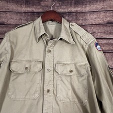 Vintage 50s US Army Khaki Twill Button Down Shirt Patches Mens Korean War WWII
