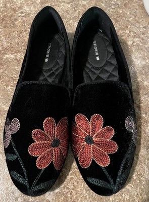 Birdies The Starling Floral Flower Black Velvet Slip On Loafers Flats