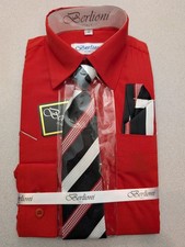 Berlioni Italy Men's Red Solid Dress Shirt Set Size 2 Tie Pocket Square