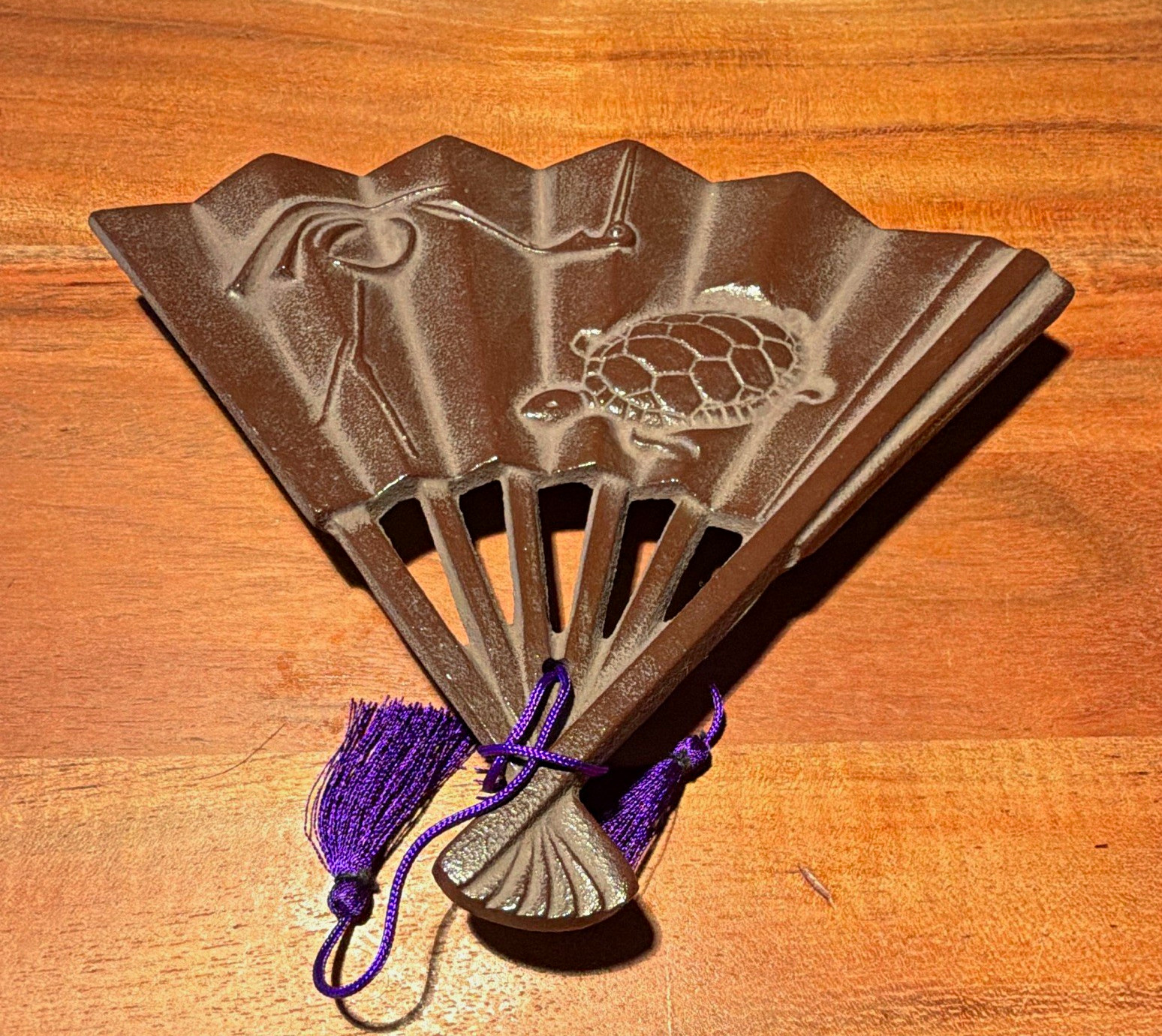 Made in Japan Decorative Folding Fan cast Iron Trivet Crane & Turtle