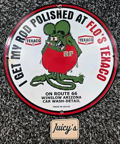 Vintage Porcelain Sign Texaco Route 66 Winslow Arizona Rat Fink 1963