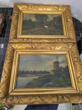 2 x Ölgemälde See Fluss Windmühle Baum Rahmen Vintage Alt Ölbild 44x33cm Bremen