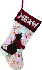 Glitzhome LED Cat Embroidered Linen Christmas Stocking 21’ New
