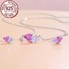925 Sterling Silver CZ Heart Chain Link Pendant Necklace Earrings Jewelry Set