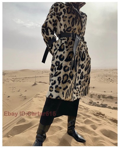 Long Leopard Print Warm Fluffy Faux Fur Trench Coat Long Sleeve Double Breasted - Picture 20 of 25