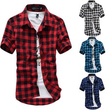Fashion Men's Summer Casual Dress Shirt Mens Plaid Short Sleeve Shirts Tops Tee