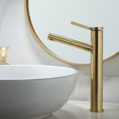 Brushed Gold 360° Rotate Pull Out Basin Faucet 1 Handle Vessel Sink Mixer Taps - Picture 8 of 8