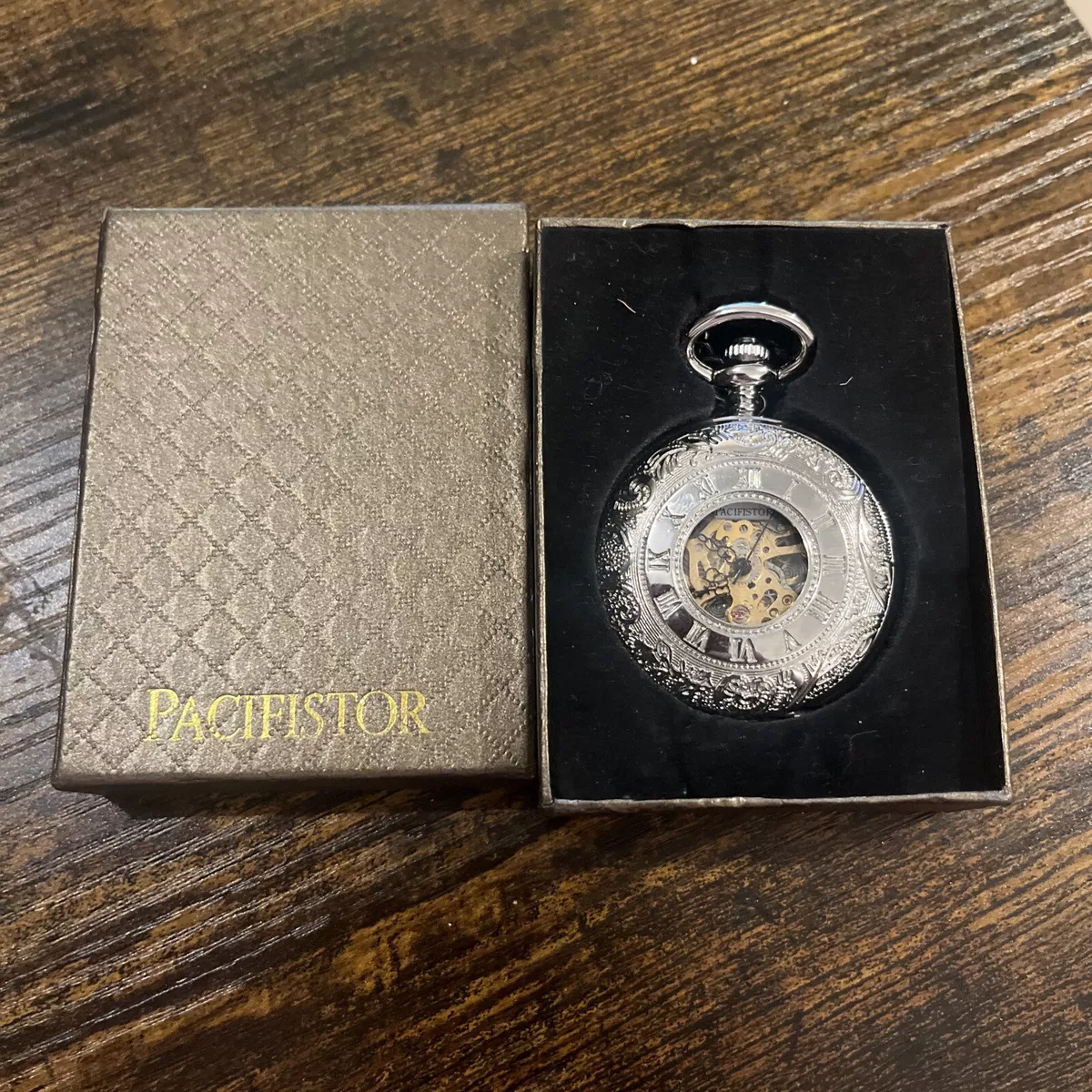 Vintage Pacifistor Pocket Watch Manual Silver Tone With Chain Box