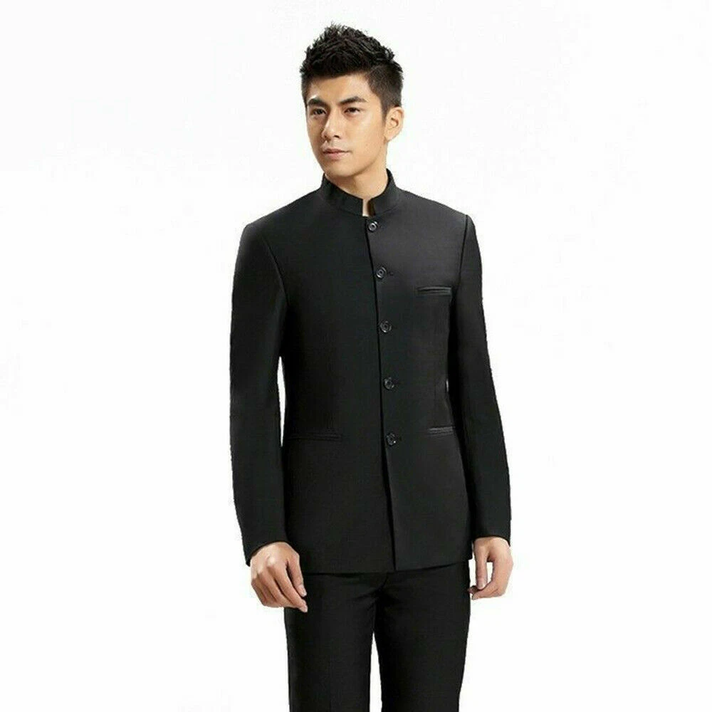 Mens Single Breasted Jacket Suit Chinese Zhongshan Coat Mandarin