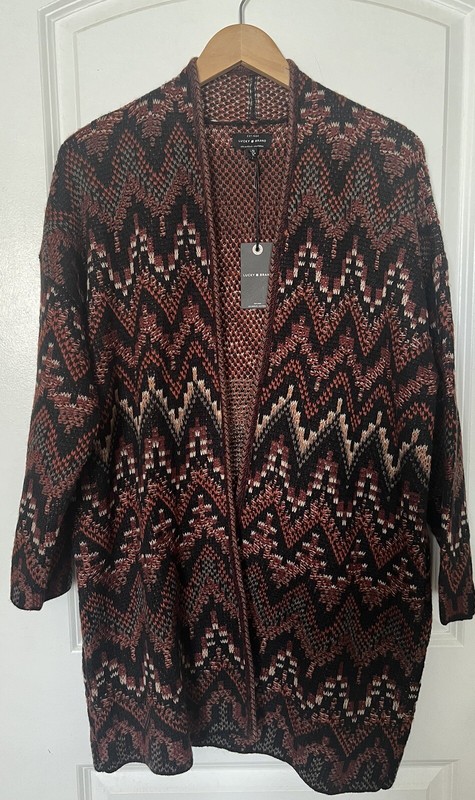 🎀Lucky Brand Size L Ladies Boho Aztec Western Black Multi Color Cardigan