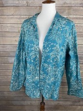 Coldwater Creek XL Open Front Jacket Tropical Palm Floral Teal Stretchy Cotton