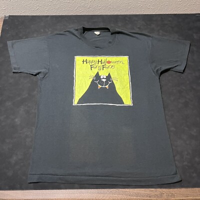 Vintage Black Cat Shirt Halloween 1980s Witch Horror Fang Face Candy Corn Kitty