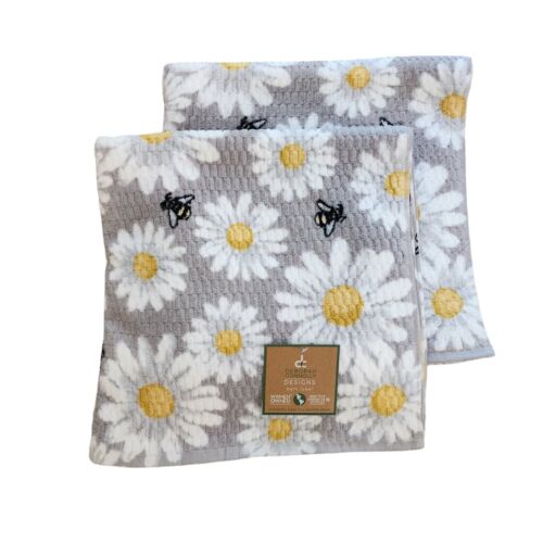 Deborah Connolly Set of 2 Daisy Bumble Bee Bath Towels Gray NWT - Afbeelding 1 van 2