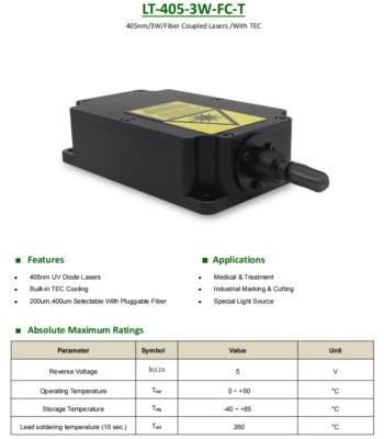 405nm UV Diode Lasers 2W-12W Multi Mode Fiber Coupled Laser Built-in TEC Cooling