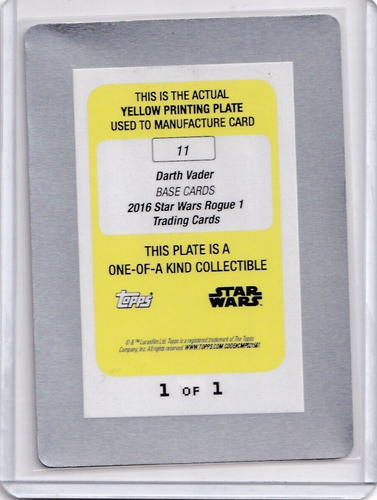 2016 Topp Star Wars Rogue One Series 1 Yellow Printing Plate Card #11 Vader - Picture 2 of 2