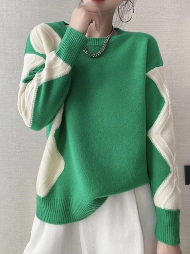 Women Sweaters Winter Knitwear Pullovers Long Sleeve Contrasting Colors Jumpers - Picture 2 of 14